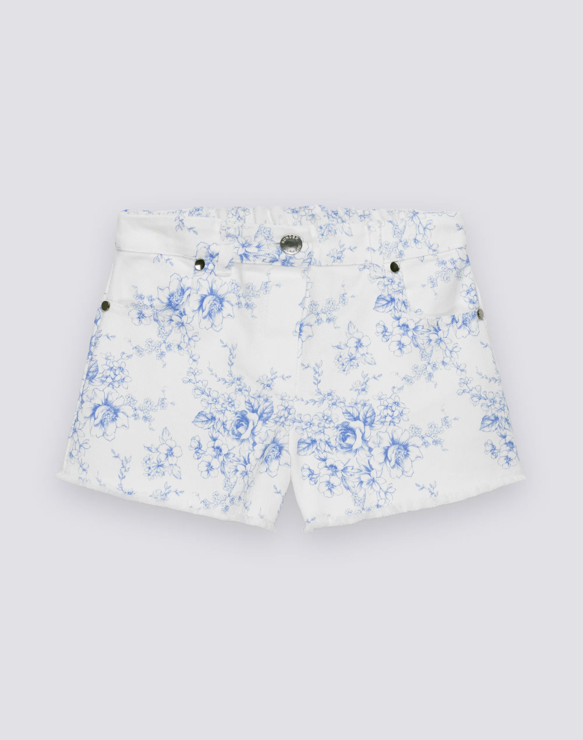 SHORTS BAMBINA A TAGLIO VIVO IN BULL DI COTONE STAMPA ROSE DE JOIE